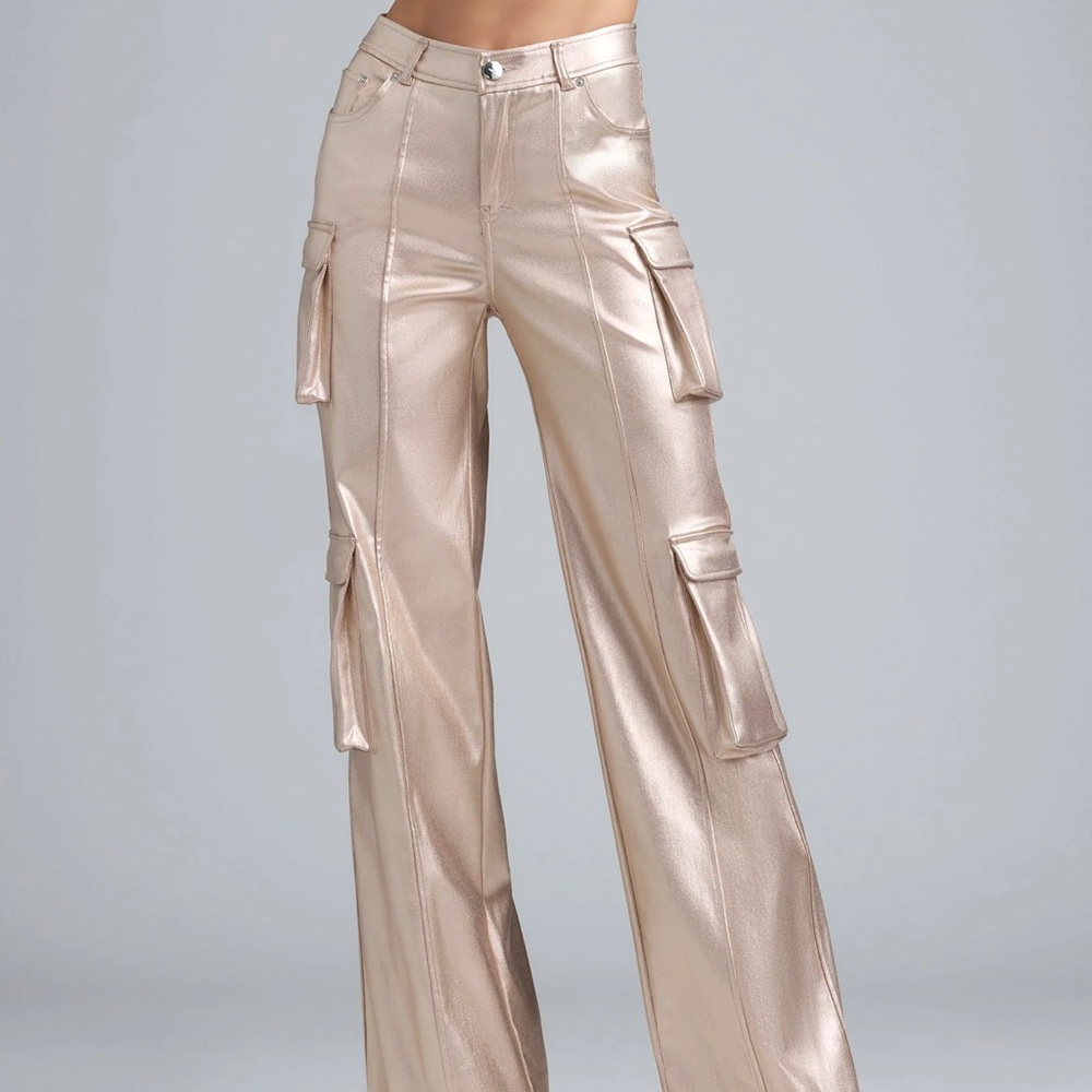 RILEY
Metallic Denim Cargo Trousers in Champagne